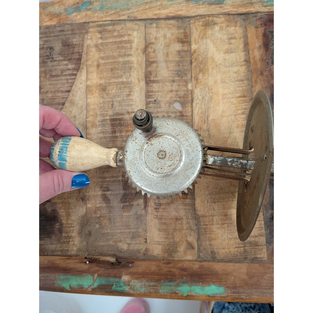 Vintage A&J Hand Crank Egg Beater Jar Lid Attachment Wood Handle Antique Tool